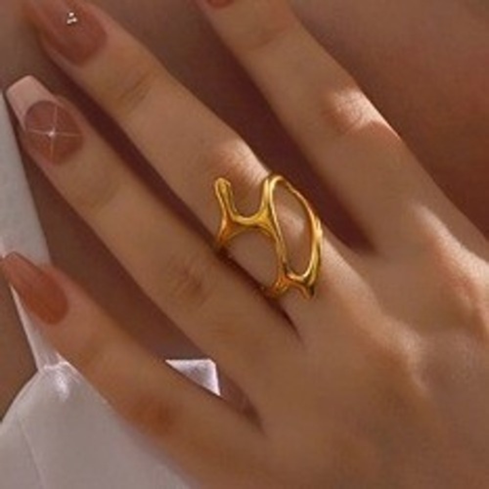 Gold Abstract‎ Molten Ring Stainless Steel Organic Sculptural Statement Band